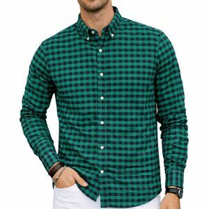 Men's J Crew Gingham Check Plaid Green & Black Button Down Oxford Shirt Medium